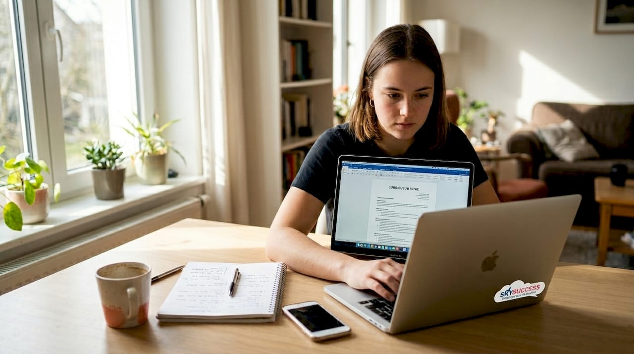 Une jeune femme prépare son CV en anglais depuis chez elle.