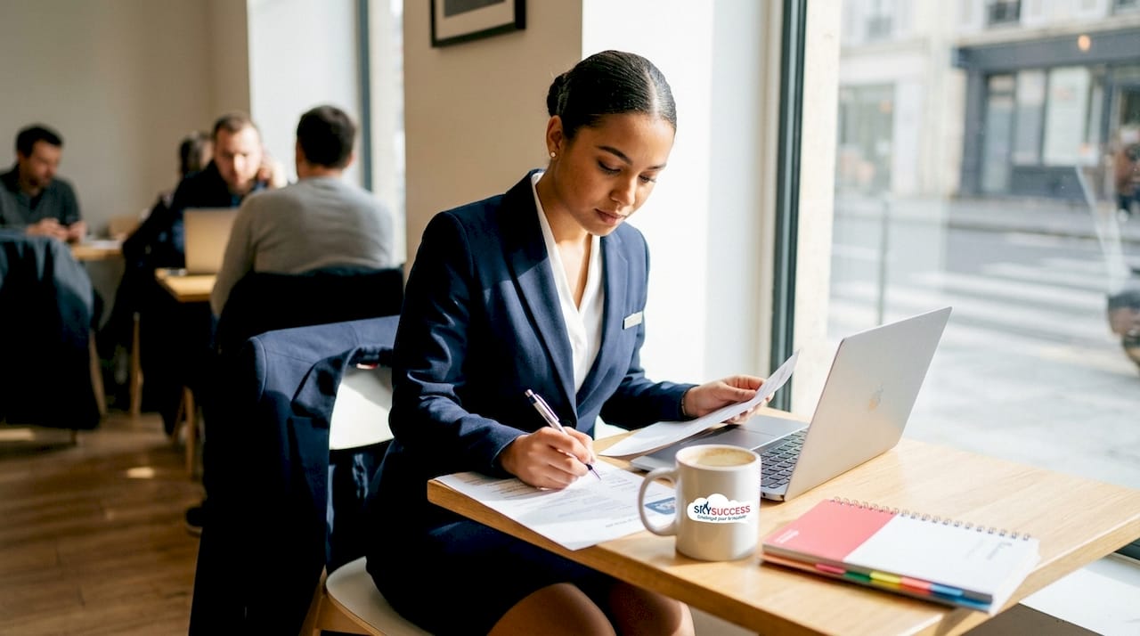 Une hôtesse met à jour son CV bilingue sur son ordinateur portable.