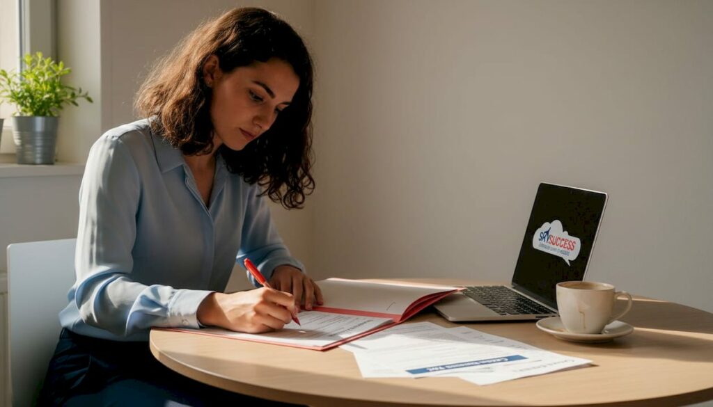 Assise Ă sa table, une femme examine attentivement des dossiers de candidature pour un poste.
