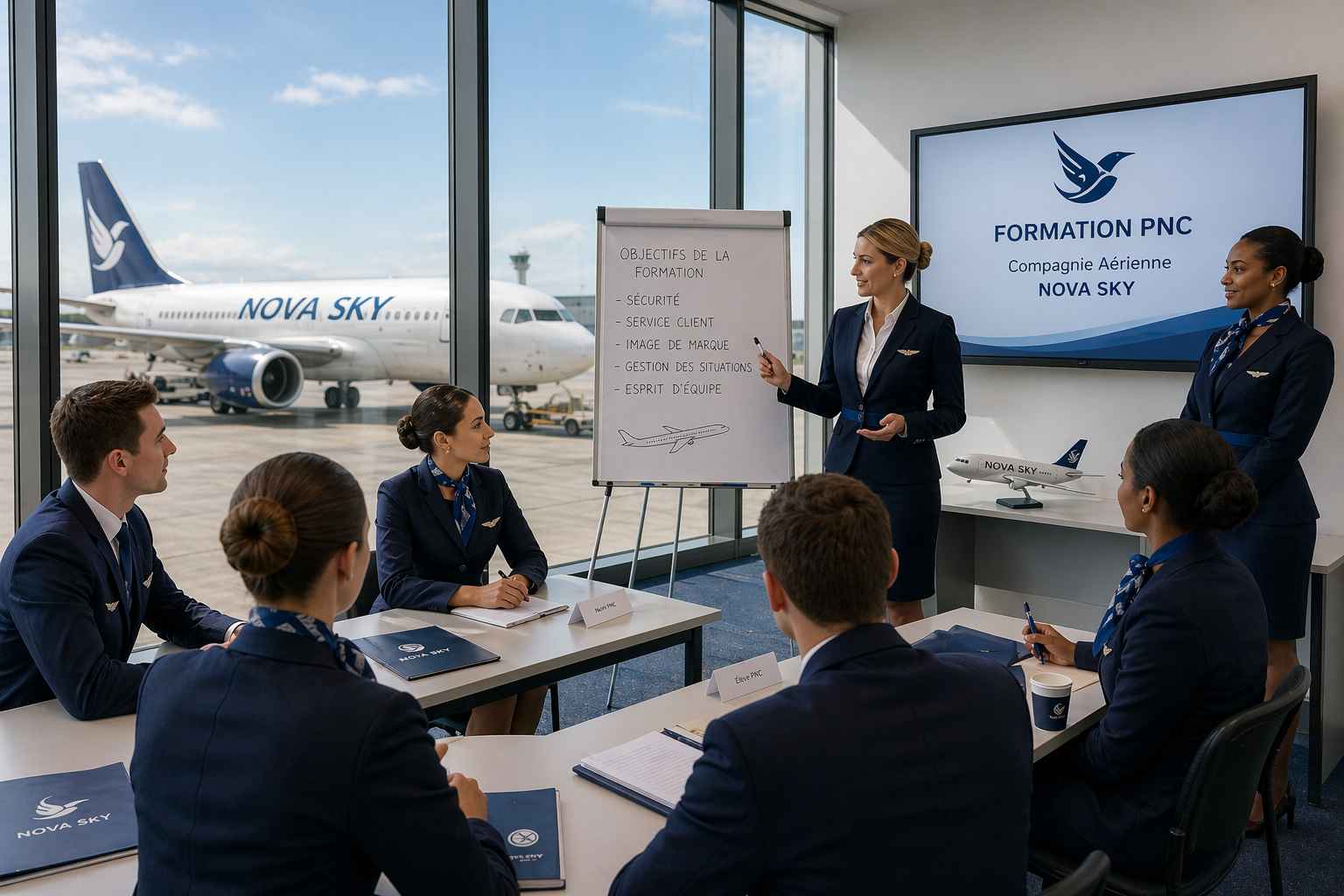 Formation PNC en salle avec hôtesses de l’air et stewards en entraînement dans une compagnie aérienne fictive, lumière du jour et avion visible en arrière-plan