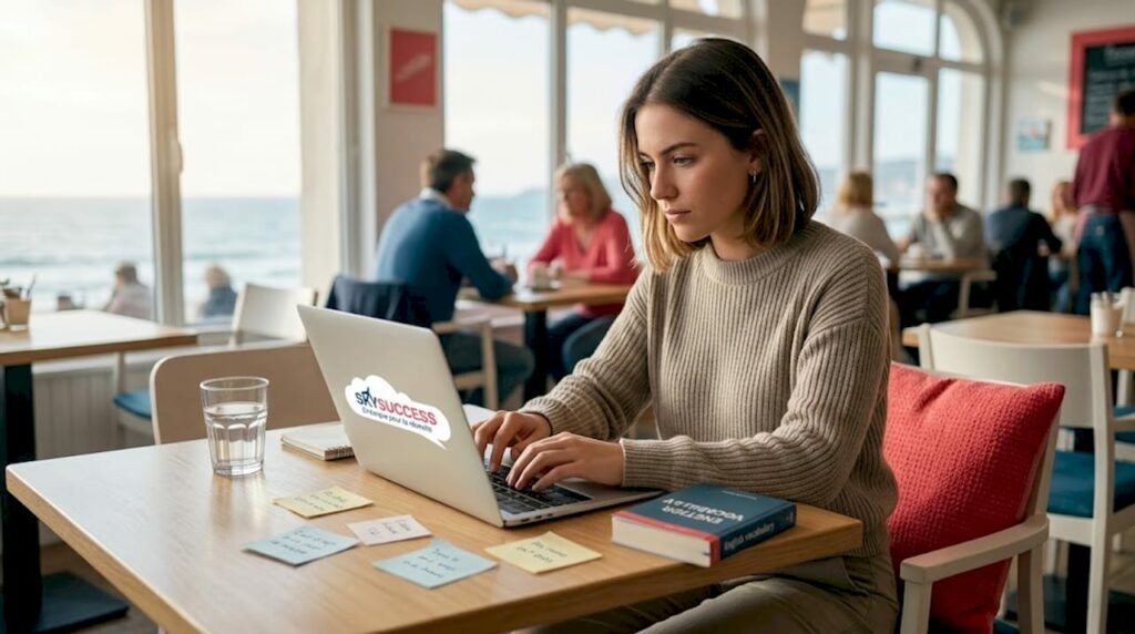 Une femme en train de postuler à un emploi dans l’aviation depuis chez elle.