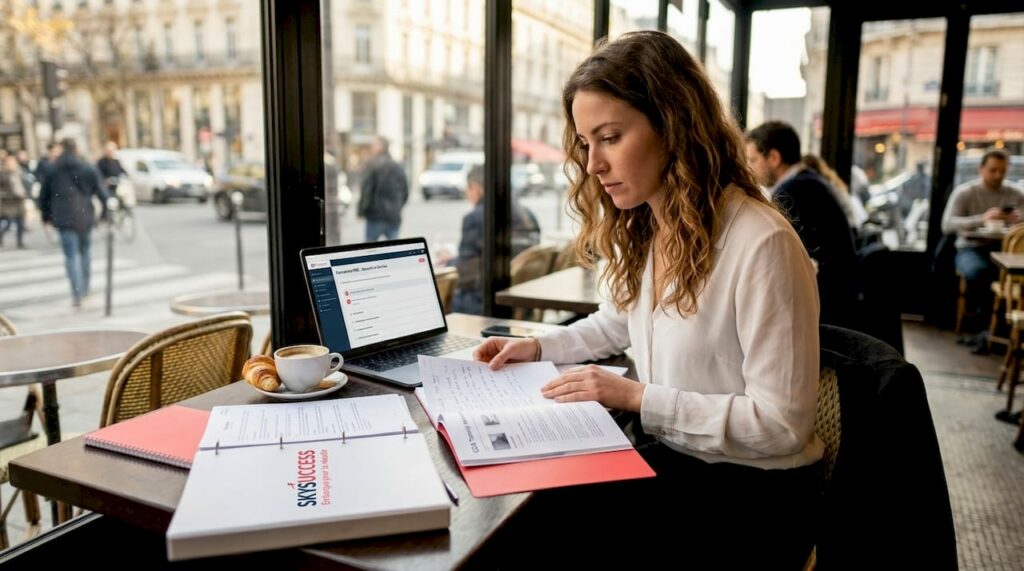 Une future hôtesse de l’air révise ses fiches à la table de la cuisine.