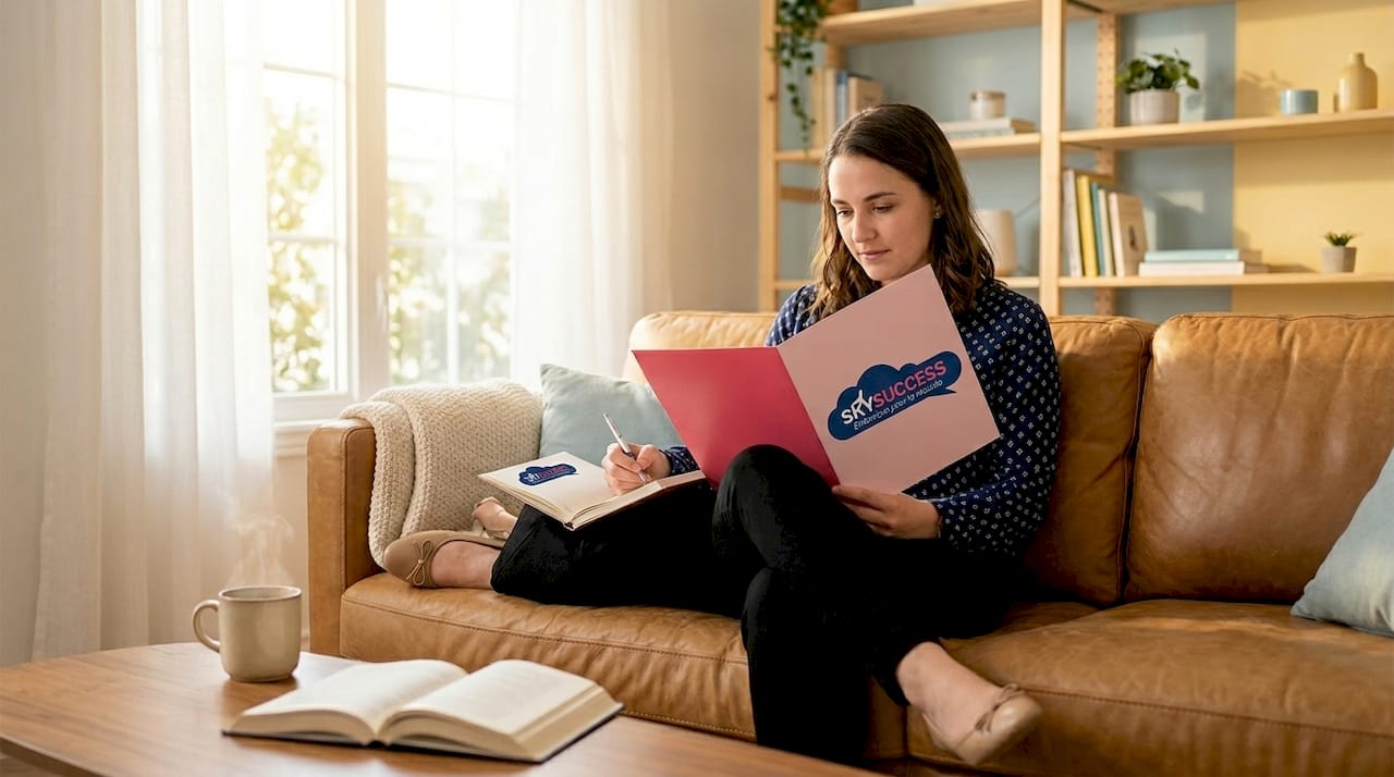 Assise confortablement sur son canapé, une jeune femme relit ses notes pour se préparer à un entretien.