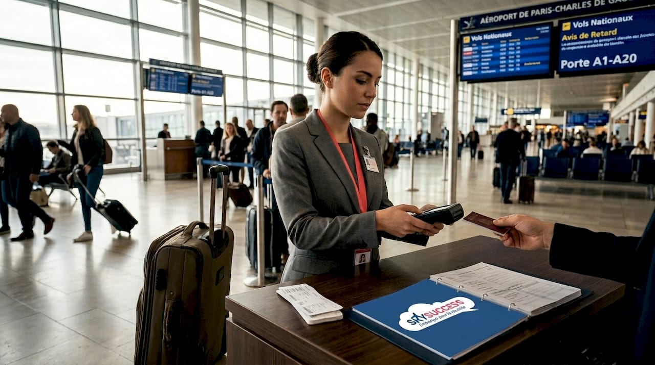 Un agent au comptoir procède au contrôle des passeports des passagers.