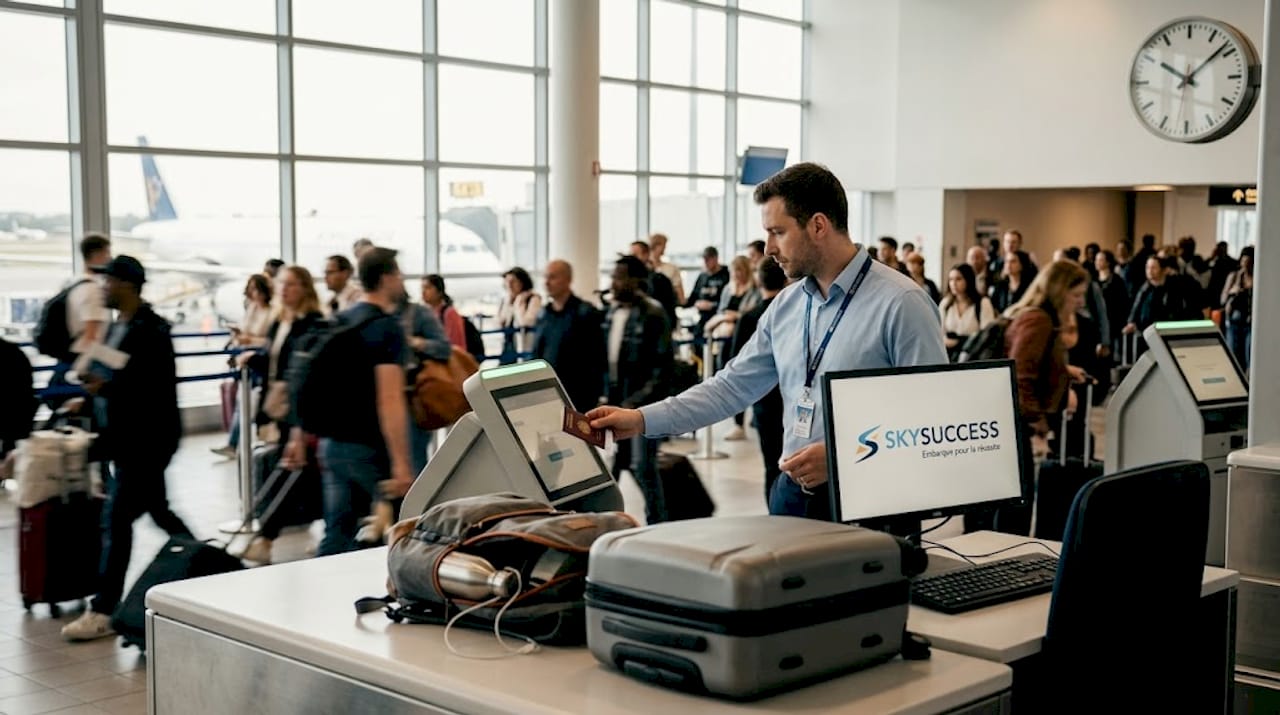Au comptoir de l’aéroport, l’agent d’escale contrôle les papiers des passagers avant l’embarquement.
