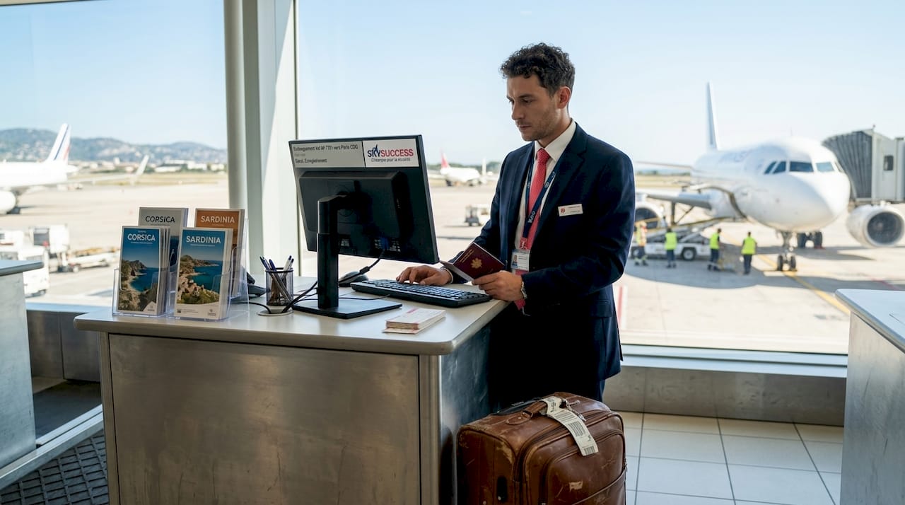 À l’aéroport, un agent au comptoir vérifie le passeport d’un passager.