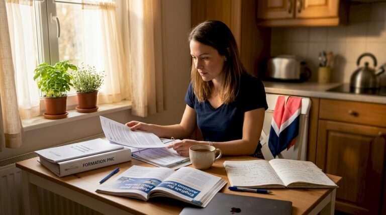 Woman studying for flight attendant training at home