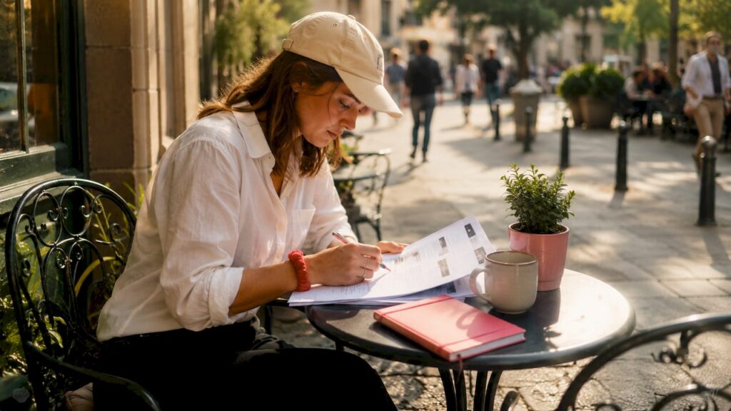 Woman reviewing career documents in cafe