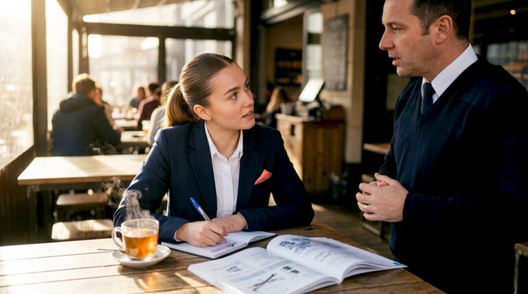 Flight attendant trainee studying in classroom