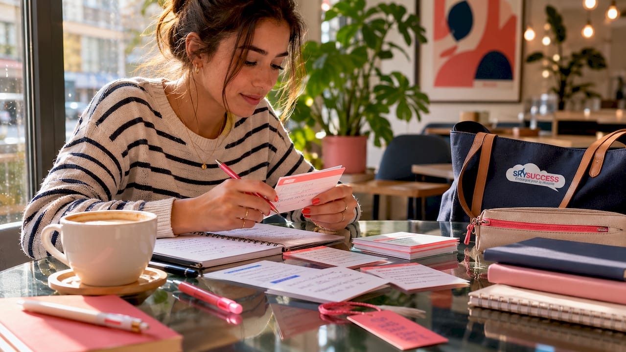 Etudiante concentree apprenant l anglais avec flashcards